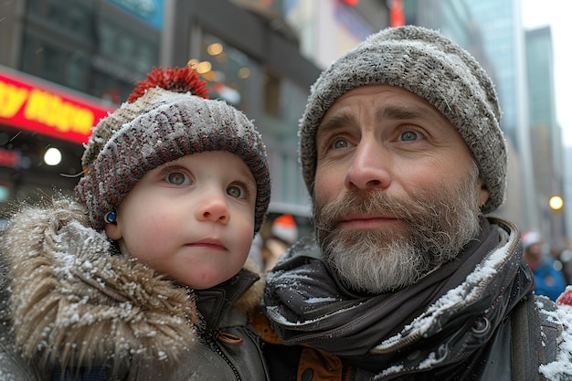 De blanke man draagt zijn zoon. Beiden tonen ernst.