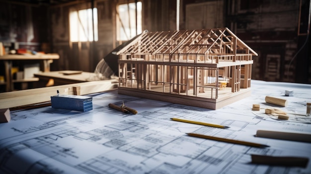 Foto de blauwdrukken van een woning op een werktafel tijdens de renovatie die aan de gang is