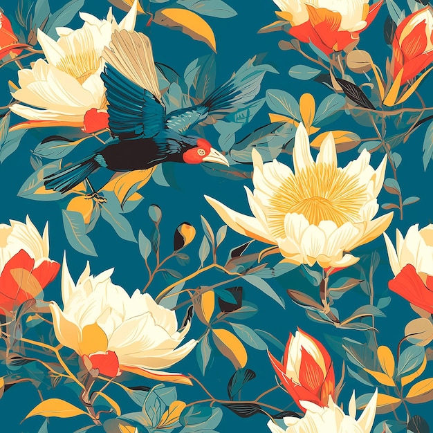 Foto de blauwe achtergrond is versierd met een bloemen- en vogelpatroon gele bloemen
