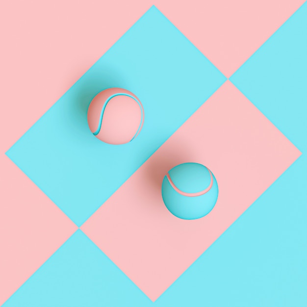 De blauwe en roze tennisballen op een twee toon geometrische vlakke achtergrond, leggen stijl