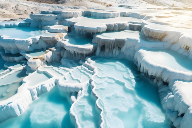 De blauwe lagune is bedekt met ijs en heeft een kleine waterval in het midden.