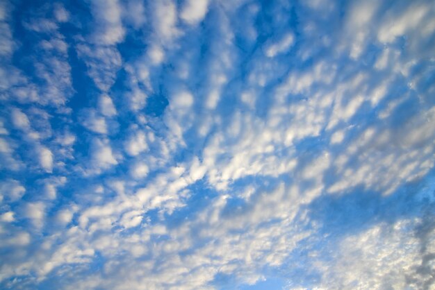 De blauwe lucht en de witte pluizige wolken.