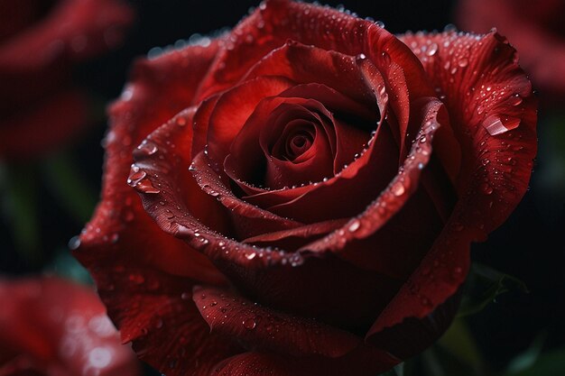 De bloemblaadjes van de roodroze roos in een prachtige macrofotografie op een zwart oppervlak