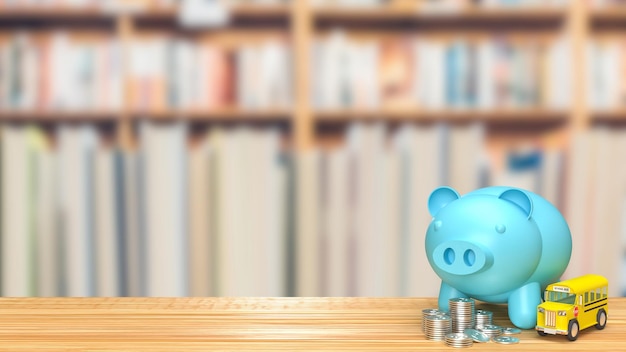 De blue piggy bank en school bus in bibliotheekkamer 3d-rendering