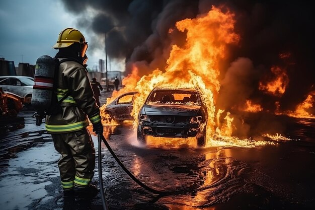 De blustechniek van brandweerman39 in brandweertraining met behulp van watergenererende AI