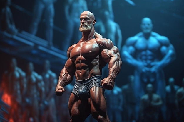 de bodybuilder van een bodybuilder staat op het podium met andere mannen op de achtergrond.