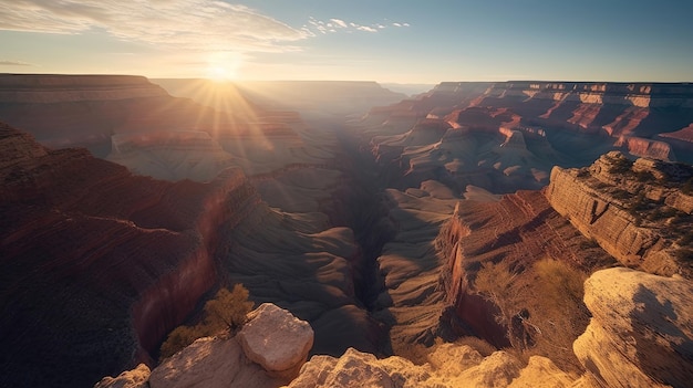 De boeiende beelden tonen de betoverende schoonheid van de Grand Canyon bij zonsopgang. Gegenereerd door AI