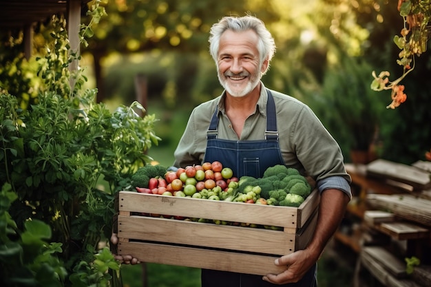 De boer heeft een houten kist met verse appels op de achtergrond van de tuin Gezonde voeding concept generatieve ai