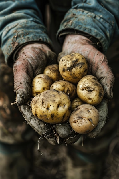 Foto de boer houdt aardappelen in zijn handen selectieve focus