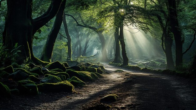 Foto de bomen staan als stille wachters gehuld in een lucht van mysterie het samenspel van licht en schaduw verleent een etherische kwaliteit aan de omgeving trekt je dieper in het hart van het bos