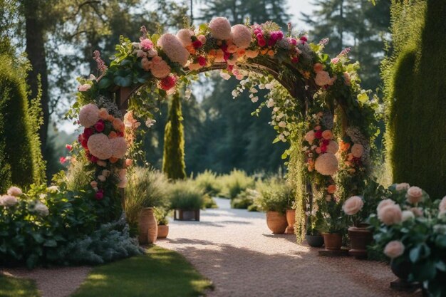 De boog is gemaakt van bloemen en groen.