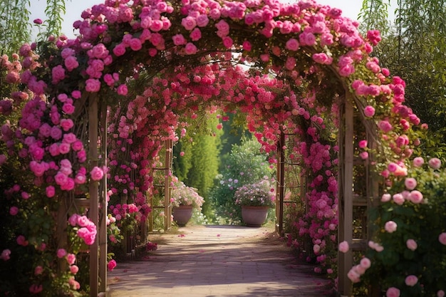 de boog van de tuin is versierd met roze bloemen.