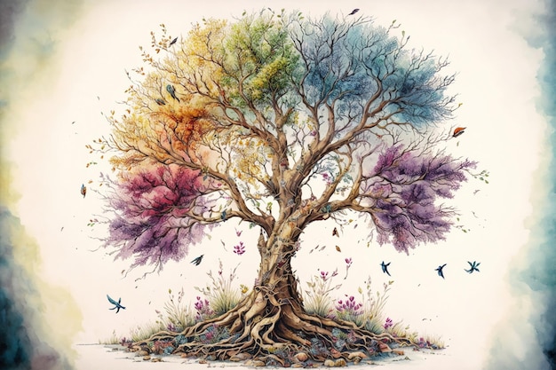 De boom des levens in kleurrijke lente aquarel stijl