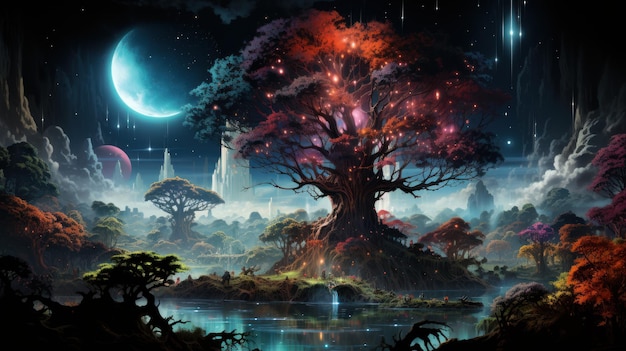 De boom des levens op de achtergrond van een mystiek nachtlandschap esoterisch concept