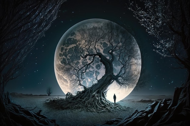 De boom en de maan met een mystieke sprookjessfeer