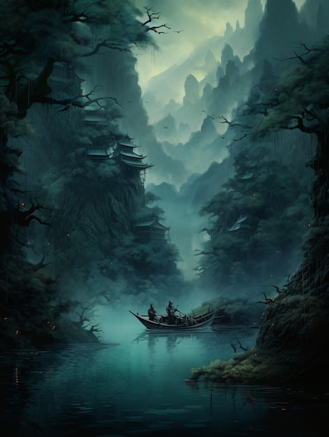 de boot drijft over een chinees bos zachte mist donker wit en donker cyaan khan-dynastie