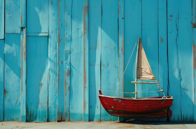 Foto de boot zeilt achter de blauwe muur.