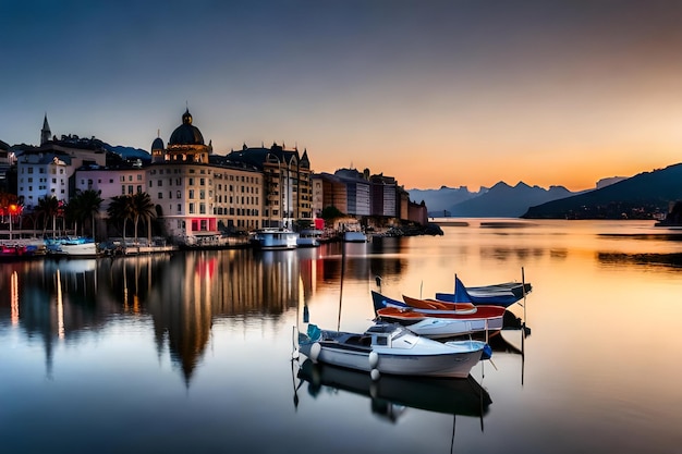 De boten liggen in een haven bij zonsondergang.