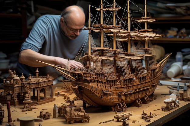 Foto de bouw van een ingewikkeld model schip model scheepsbouwer als hij ingewikkelt monteert een prachtige miniatuur schip ai gegenereerd