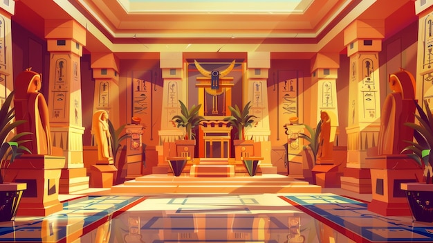 De bovenkant van een oude Egyptische tempel toont de troonzaal en hiërogliefen op de muren en zuilen bevatten palmbladeren Dit is een moderne cartoon van het interieur van een farao'sgraf met hieroglyfen
