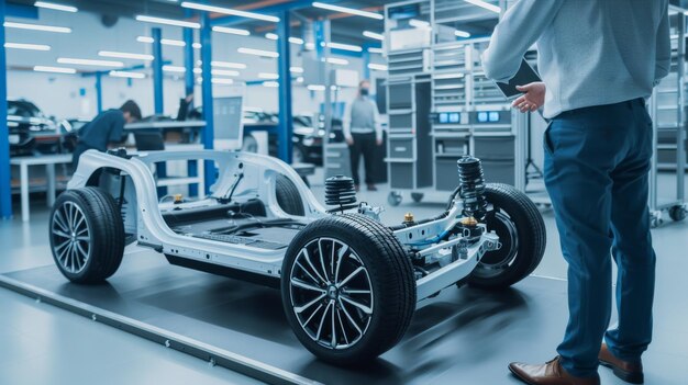 De bovenstaande afbeelding toont een autotechnisch ontwerper die kijkt naar een technische tekening op een tablet van een prototype chassis van een elektrische auto. Het frame van het conceptvoertuig omvat wielen, motor en batterij.