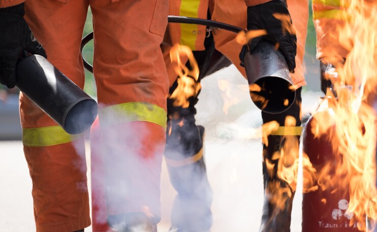 De brandbestrijder probeert om brand door brandblusapparaat in brandbestrijdingstraining te stoppen.