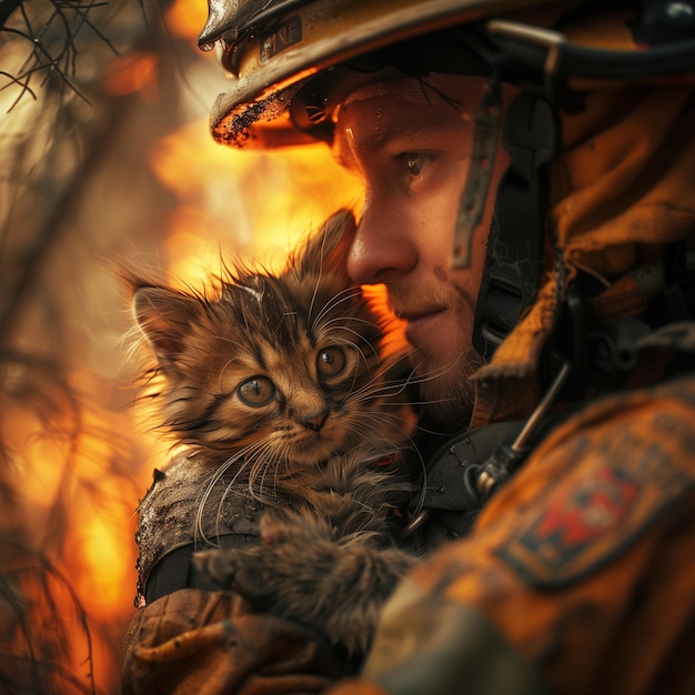 De brandweerman redt een kitten houdt het in zijn armen en het bos brandt achter hem