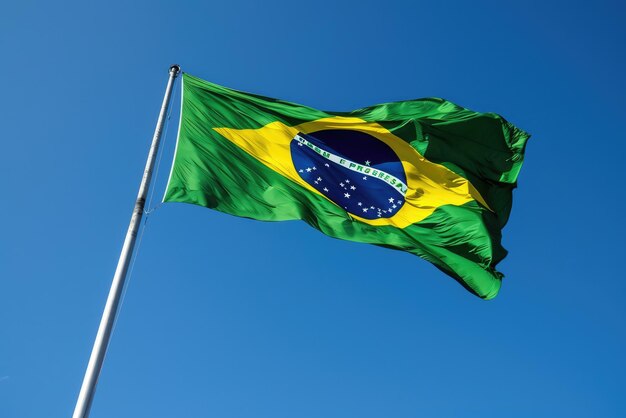 De Braziliaanse vlag zwaait in de blauwe lucht.