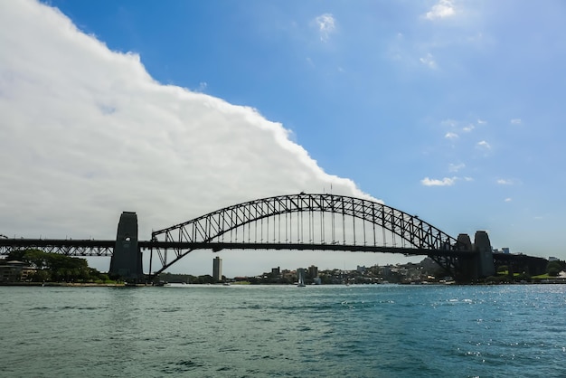 Foto de brug onder het schouwspel van half witte wolken en half blauwe lucht