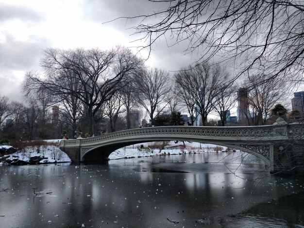 Foto de brug over de rivier in de stad in de winter.