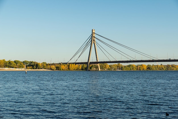 De brug over de rivier naar het groene bos rivier brug bomen eenden