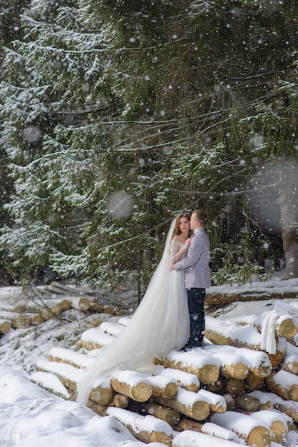De bruid en bruidegom knuffelen op de achtergrond van een besneeuwde dennenbos. Sneeuwen. Winter bruiloft.