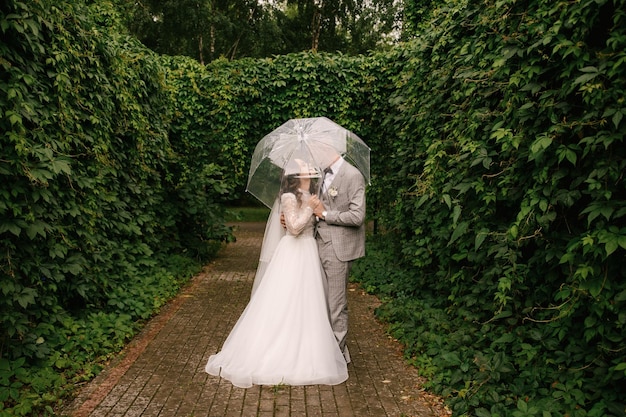 De bruid en bruidegom kussen elkaar onder een paraplu voor de regen