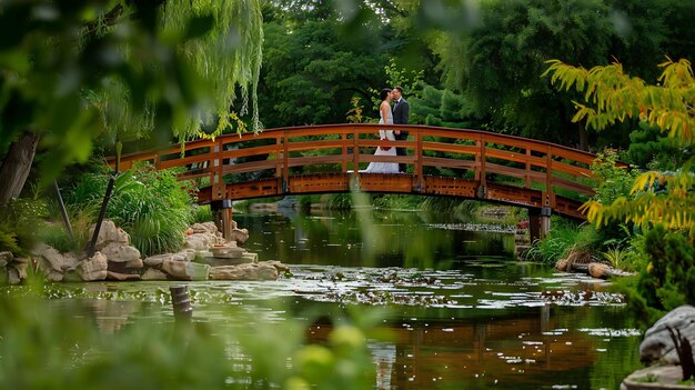 De bruid en bruidegom kussen op een brug in een Japanse tuin. De bruid draagt een witte trouwjurk en de bruidegem is in een zwarte smoking.
