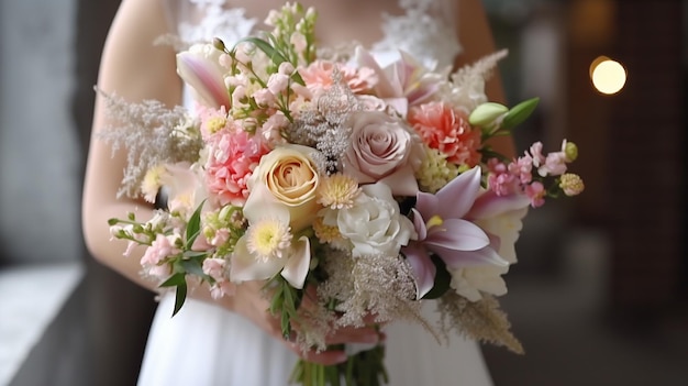 De bruid heeft een prachtig bruidsboeket van roze en witte bloemen in haar handen Generatieve AI