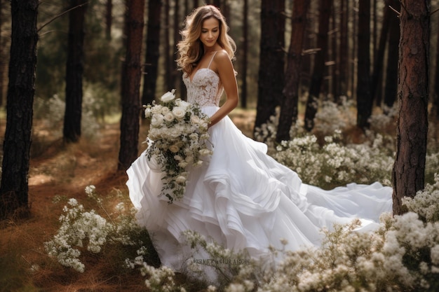 De bruid in een chique trouwjurk met trein staat in het bos met boeketten witte bloemen