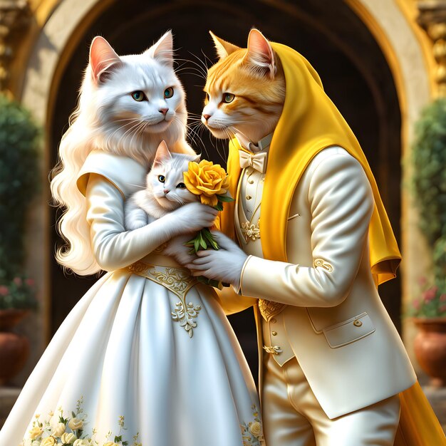 De bruid kat met lange vloeiende gele haar zag er prachtig uit in haar prachtige trouwjurk als ze liep