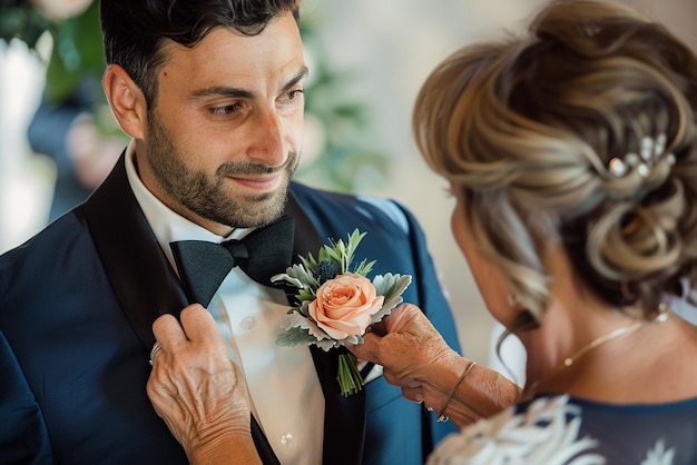 De bruidegom ontvangt boutonniere Het speciale moment van de bruidegem