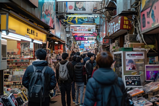 De bruisende neonbordjes van de cyberpunkmarkt verlichten een gevarieerd assortiment technologische goederen waar de bewoners door de menigte navigeren, ondergedompeld in de opwindende energie van de futuristische handel.