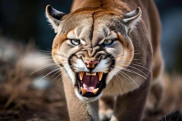 Foto de brullende cougar of bergleeuw jaagt op zijn prooi