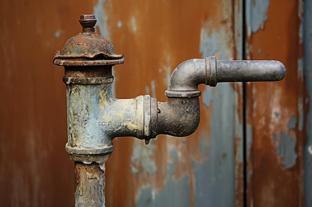 De buitenkant van de verouderde waterkraan lekt continu waterdruppels