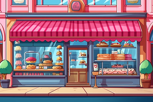 De buitenkant van een bakkerijwinkelgebouw of restaurantstraatlandschap met uithangbord in cartoonstijl
