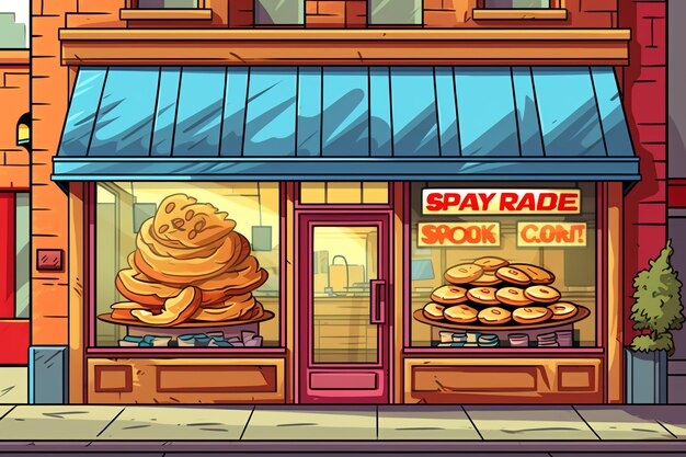 De buitenkant van een bakkerijwinkelgebouw of restaurantstraatlandschap met uithangbord in cartoonstijl