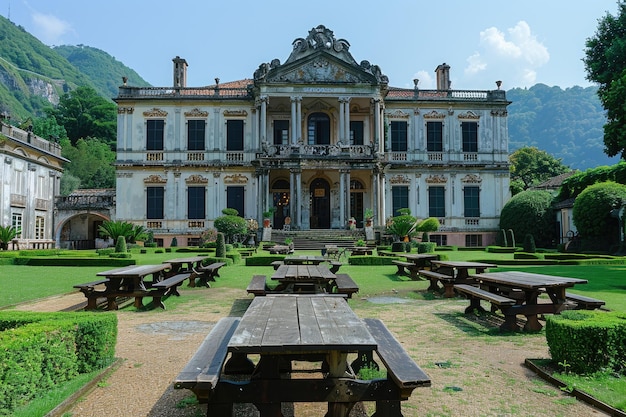 de buitenkant van een elegant landhuis in Italiaanse stijl met tuin en terras inspiratie ideeën