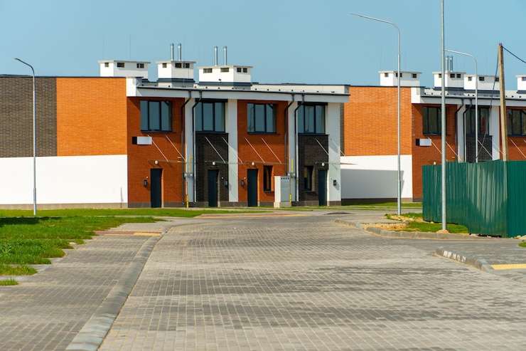 Foto de buitenkant van een modern herenhuis het concept van het bouwen van multifamilie residentiële herenhuizen voor verkoop of verhuur een gezellig klein huisje met een prachtig groen gazon