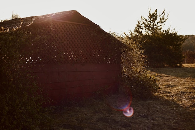 De buitenkant van het tuinhuisje in de zonnestralen bij zonsondergang