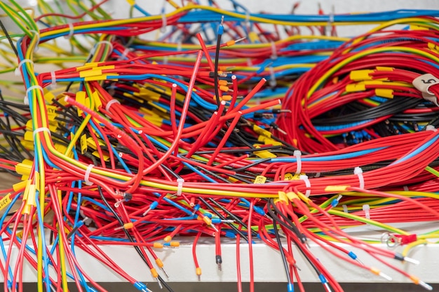 De bundel elektriciteitsdraden of -kabels is sterk in elkaar verward Restanten van draden van verschillende kleuren