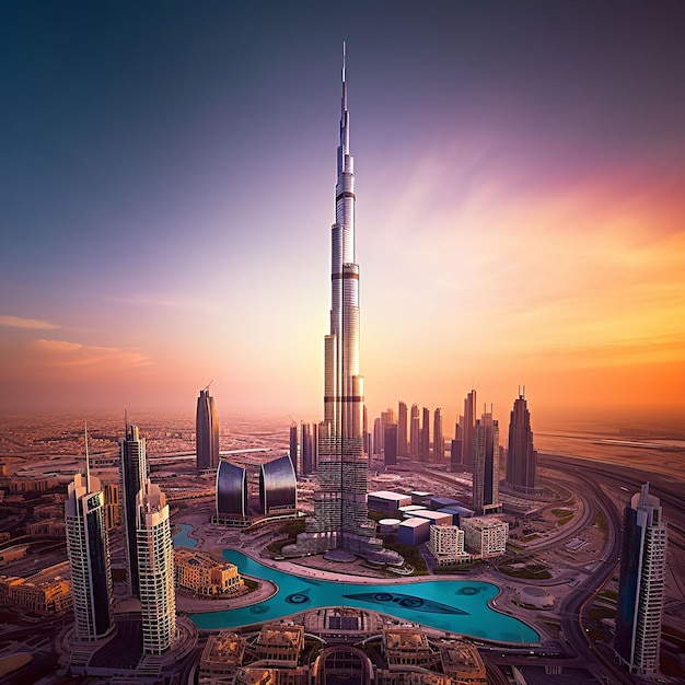 De Burj Khalifa in Dubai, het hoogste gebouw ter wereld, rijst majestueus boven de stadshemel uit