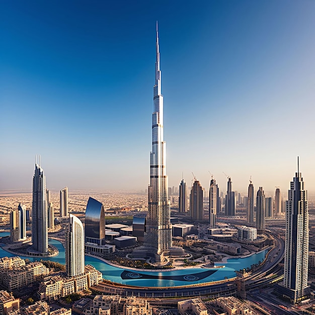 De Burj Khalifa in Dubai, het hoogste gebouw ter wereld, rijst majestueus boven de stadshemel uit