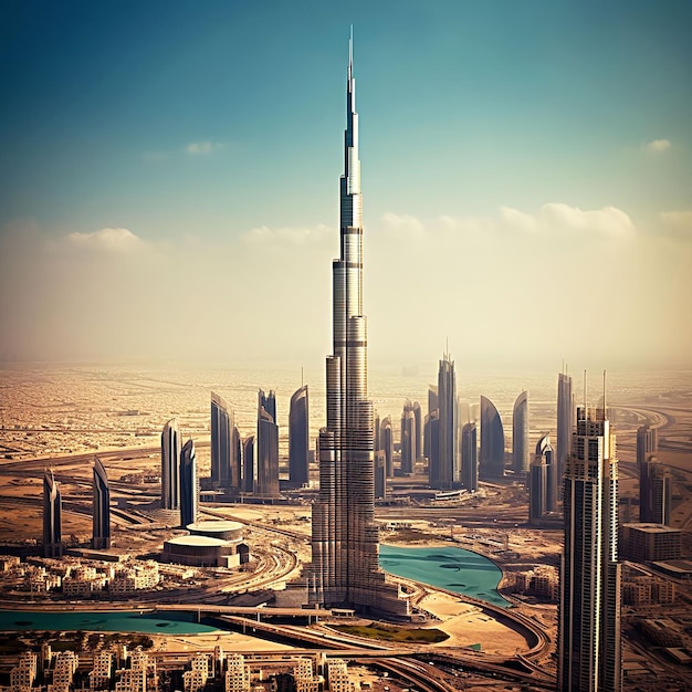 De Burj Khalifa in Dubai, het hoogste gebouw ter wereld, rijst majestueus boven de stadshemel uit